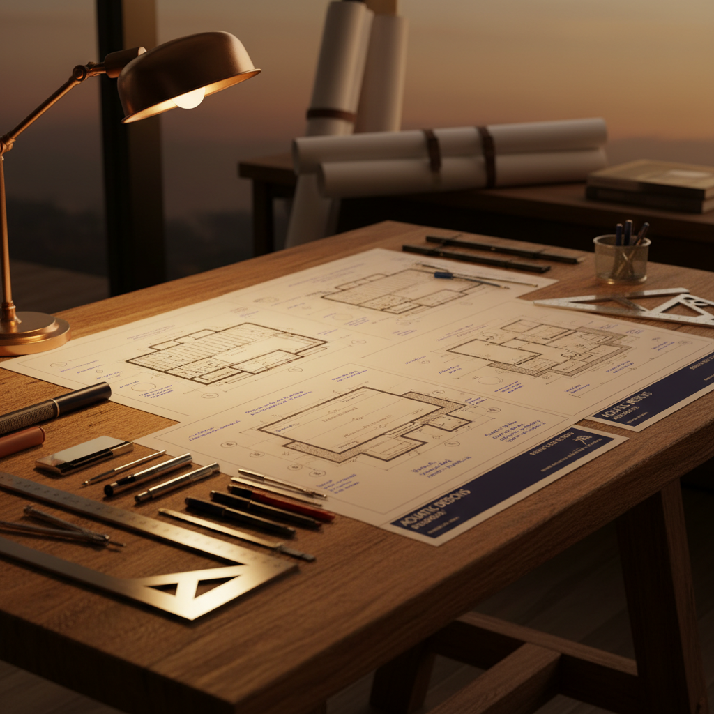 Pool engineering blueprints and technical drawings on a professional workspace, reflecting the precision engineering legacy of Swim Inc.'s founding