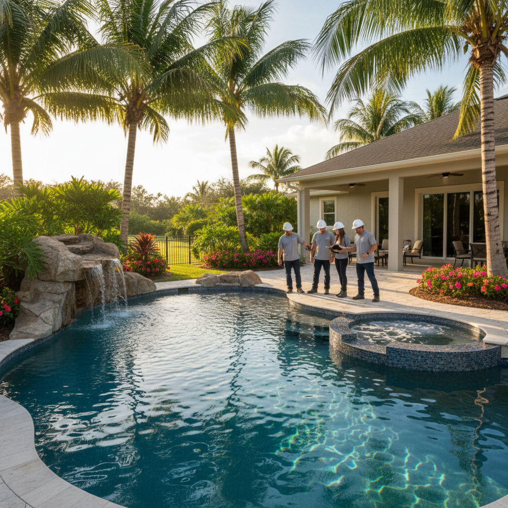 Swim Inc. team members during a job site walkthrough in warm afternoon light