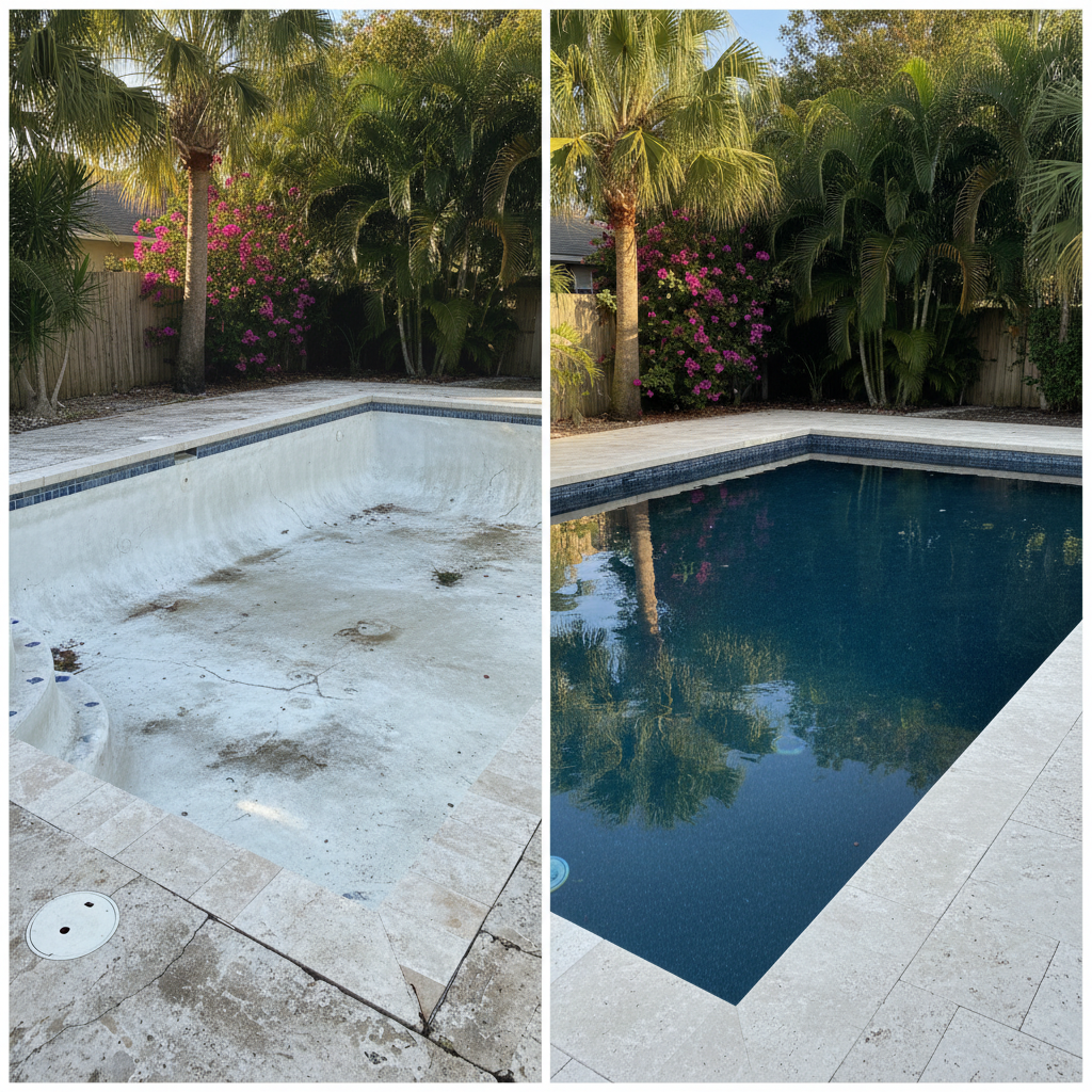 Pool renovation before and after , chalky plaster transformed to pebble finish with new coping and deck , Sarasota, FL