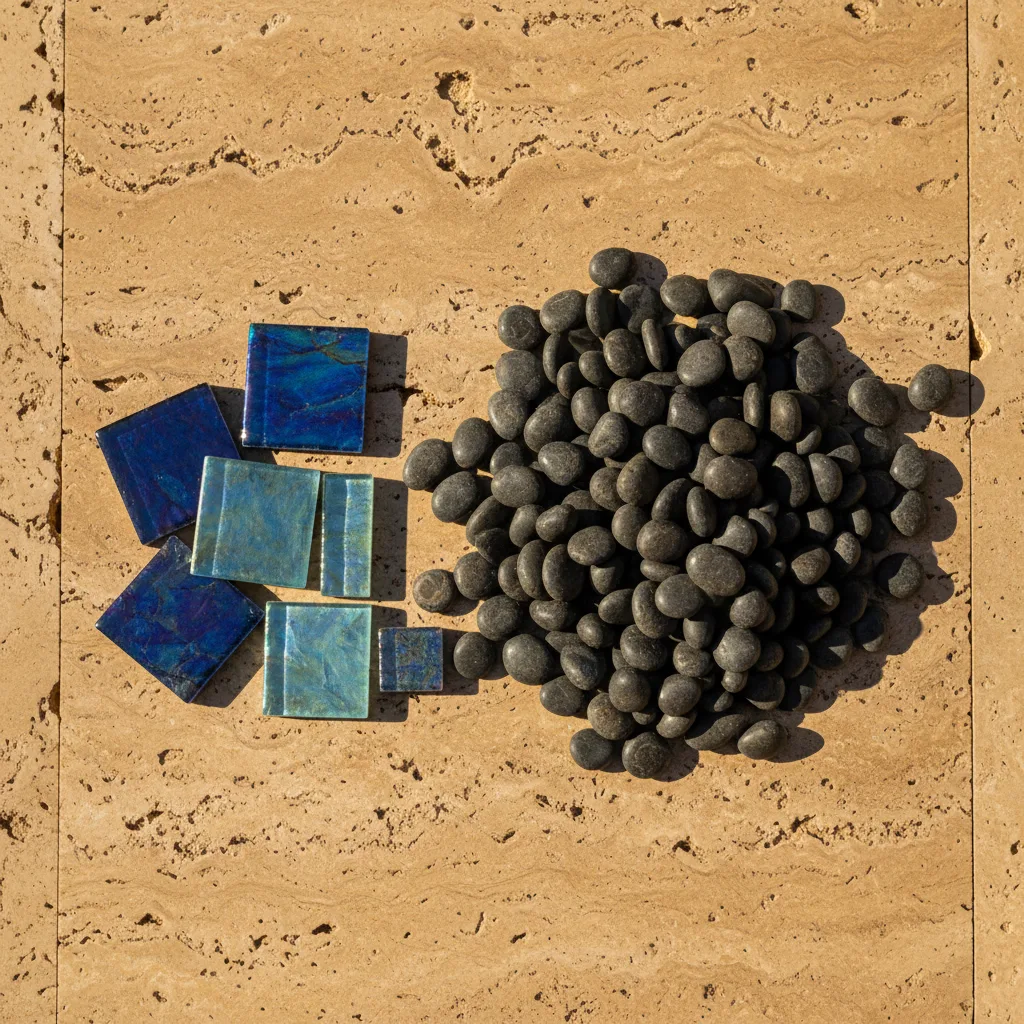 Material selection samples spread on a surface, tile, coping, and finish options