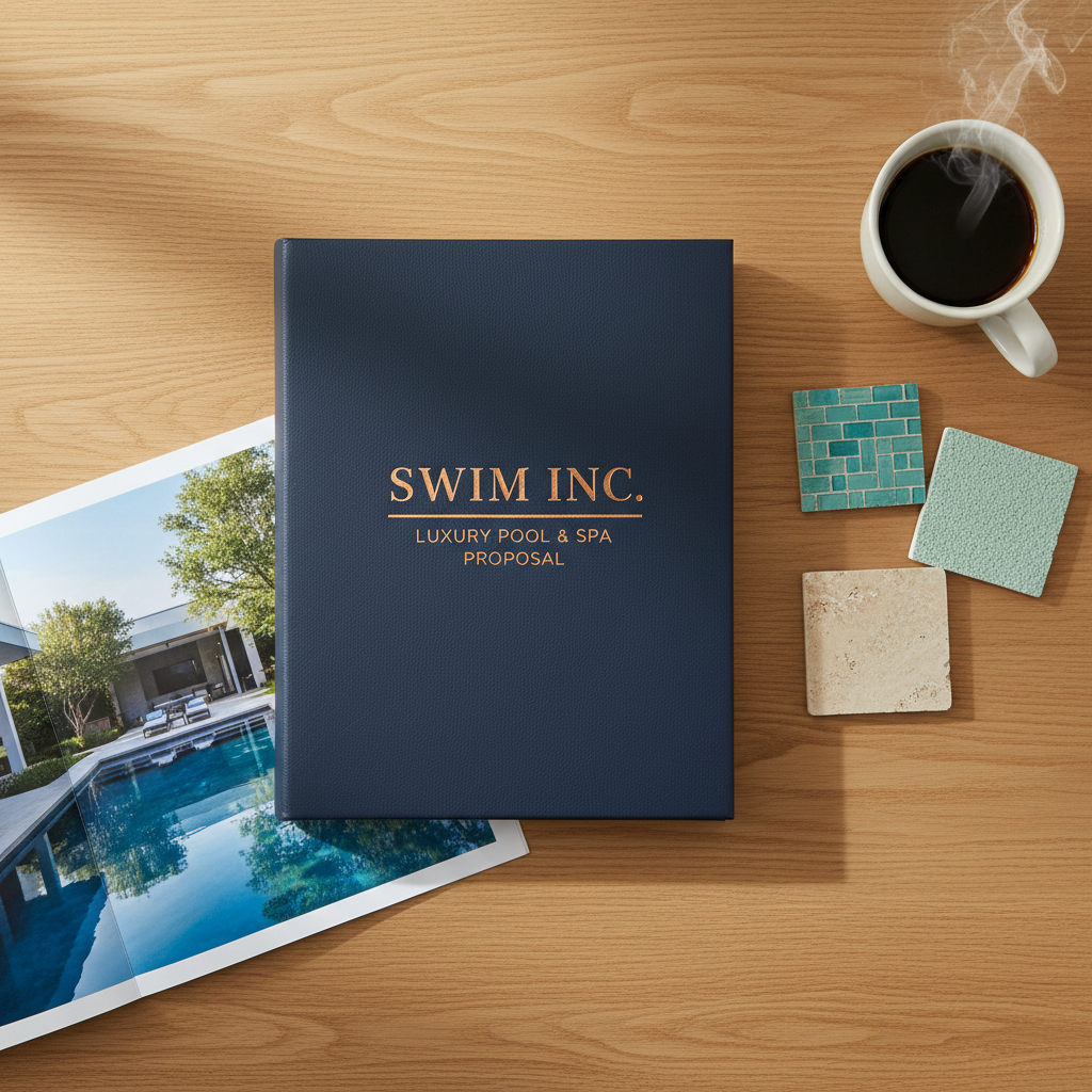Professional pool project proposal document with material samples on a clean desk