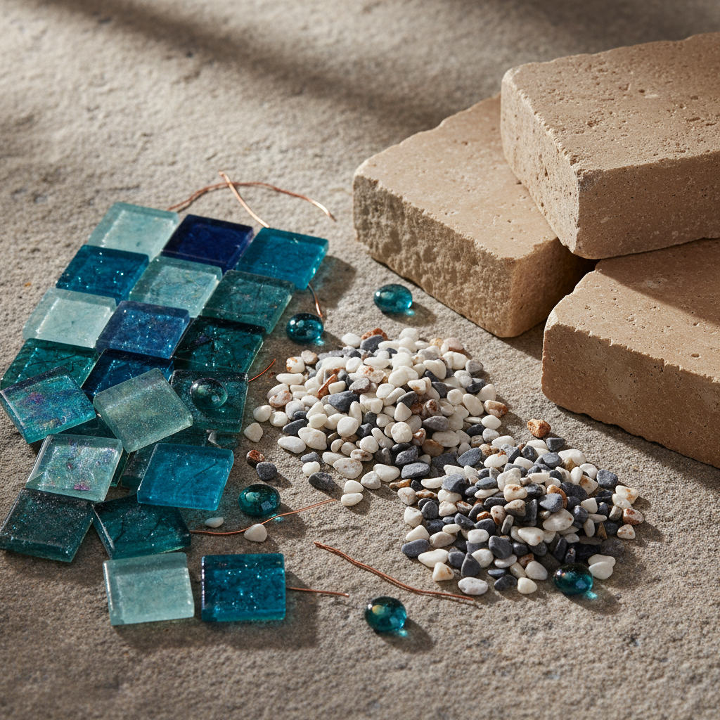 Pool finish material samples including tile, coping stone, and pebble aggregate laid out for selection