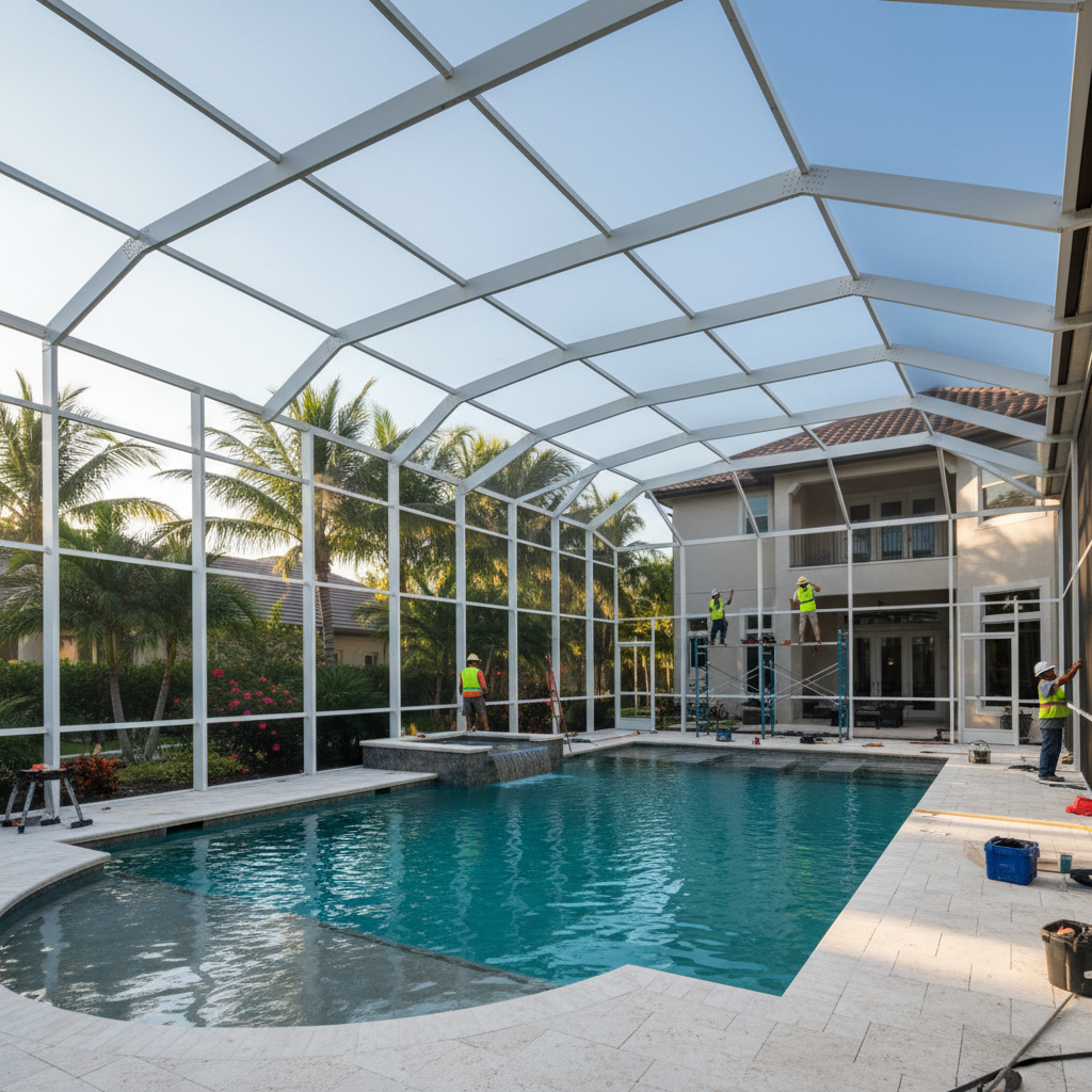 Screen enclosure framing a renovated pool in Sarasota, interplay of aluminum structure and clear pool water with surrounding landscaping