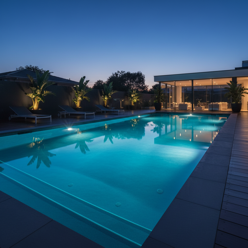 Color-changing LED lighting in renovated pool at dusk, vibrant blue-teal ambiance